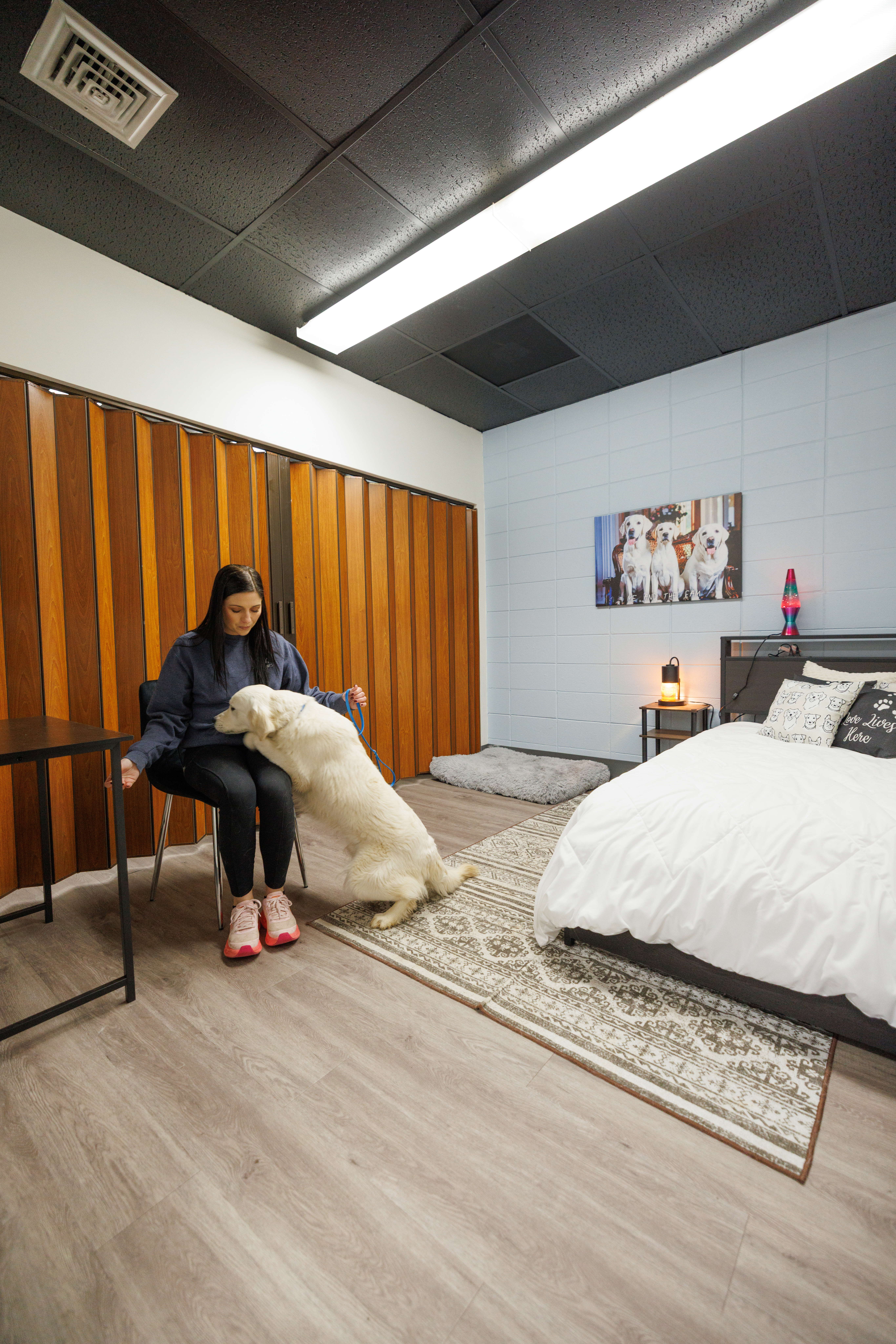 A bedroom-style training space with a real bed and rug